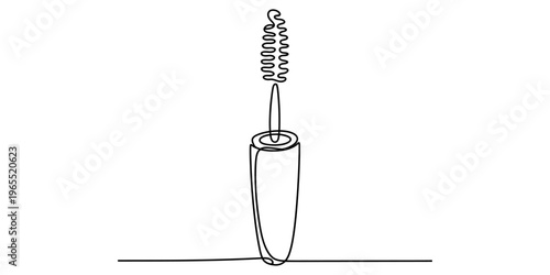 A single continuous line drawing of a cosmetic mascara applicator tube and its brush component