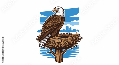 Majestic eagle perched in nest atop a tree, overlooking a city skyline