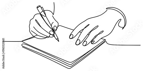 A single continuous line drawing of a person writing on a blank notebook with a simple ballpoint pen