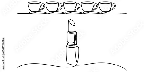 Minimalist continuous line art illustration featuring five coffee cups and a single lipstick tube.