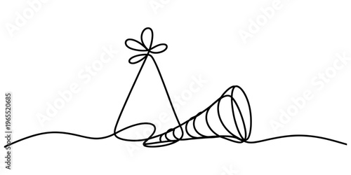 A minimalist single line drawing of a festive birthday party hat and a celebration noise blower