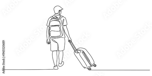 A single continuous line drawing of a person walking away carrying a backpack and rolling suitcase