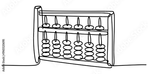 A continuous line drawing of a traditional wooden abacus for mathematical calculation and counting.