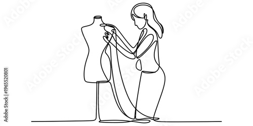 A single continuous line drawing of a fashion designer working on a dress on a sewing mannequin