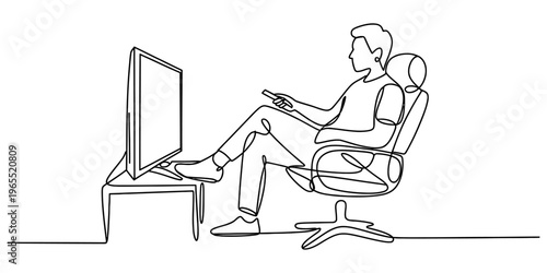 Continuous line drawing of a relaxed man sitting in a chair and watching television at his home