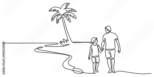 A single continuous line drawing of a parent and child walking together on a tropical beach shore.