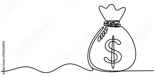 A single continuous line drawing of a sack of money featuring a dollar sign on a white background