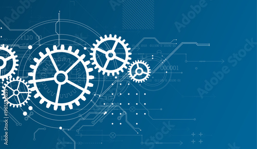 Abstract document drawing using white gears. Technological background.