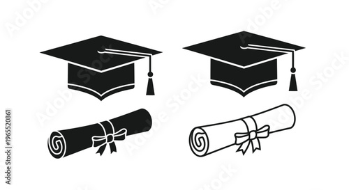 Graduation caps and diploma scrolls depicted in a dark silhouette