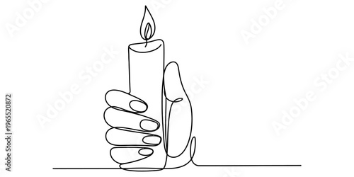 A minimalist single line drawing of a hand holding a lit candle in a simple continuous stroke