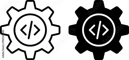 Contrasting gear icons with code symbols representing software development and programming.
