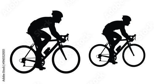 Two cyclists in dynamic motion depicted in stark black silhouette