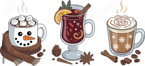 Cozy winter hot drinks vector illustration set featuring marshmallow cocoa, mulled wine with spices, and creamy latte in festive mugs
