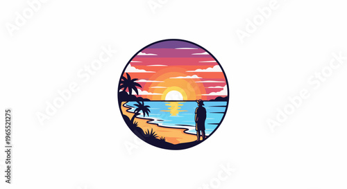 Person gazing at a tropical sunset over the ocean with palm trees