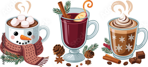 Festive winter drinks vector illustration featuring hot chocolate with marshmallows, mulled wine with spices, and creamy coffee in decorative mugs