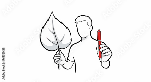 Person holding a large leaf in one hand and a pen in the other