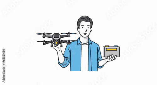 Person holding a drone and a battery pack