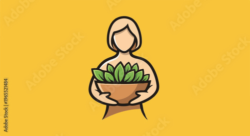 Person holding a potted plant with green leaves, against a yellow background