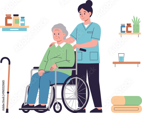 Caregiver Assisting Elderly Person in Wheelchair, Providing Support and Health Care with Medicine and Hydration in a Home Care Setting