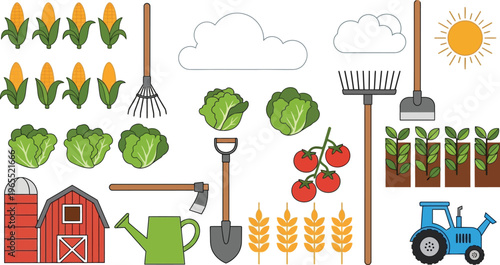 Farm elements include ripe corn, vegetables, barn structures,.