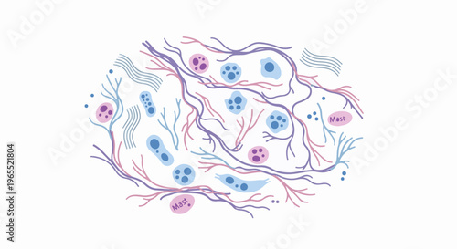Microscopic view of cellular structures and fibers in pastel hues
