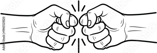 Black and white line drawing, two fists bumping together, symbol of friendship, unity, teamwork, greeting, camaraderie, agreement illustration