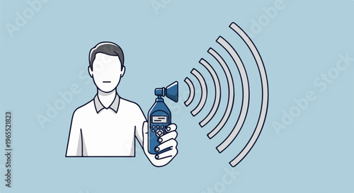 Person holding device emitting sound waves from microphone