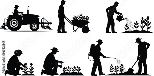 Farmer Gardening Silhouettes Planting Watering Tractor