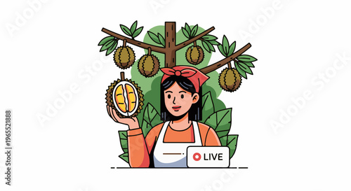 Person holding durian with fruit on tree and live stream icon