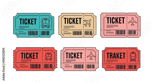 Colorful collection of travel tickets featuring various transportation icons
