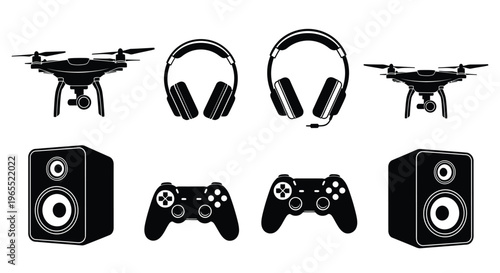 Tech gadgets including drones headphones speakers and controllers silhouette