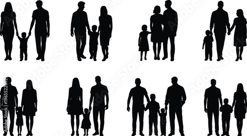 Family silhouettes collection with parents and children holding hands isolated vector set for parenting love care lifestyle relationship design illustration concept
