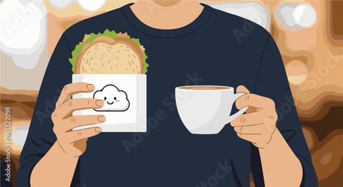 Person holding sandwich in cute wrapper and coffee cup, relaxed