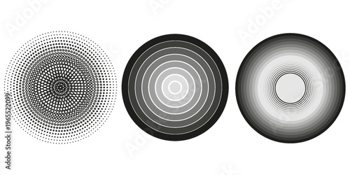 Black concentric circle set. Sonar or sound wave ring collection. Halftone and linear epicentre, target, radar icon concept. Ripple radial signal or vibration elements. Vector line and dotted symbols