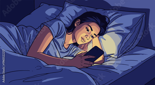 Person in bed at night, illuminated by a smartphone screen, engrossed in its light