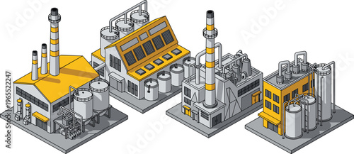 Isometric industrial factory complex vector illustration with power plant, storage tanks, pipelines, chimneys and manufacturing facilities isolated on white background