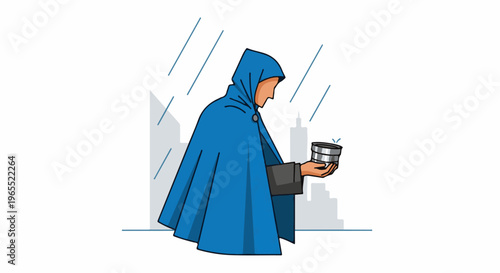 Person in blue cloak holds empty bowl in rainy city