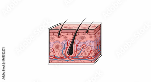 Microscopic view of skin layers with hair follicles and blood vessels