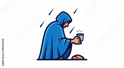 Person in blue cloak kneels in rain, holding a cup