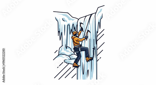 Person ice climbing a frozen waterfall, using ice axes