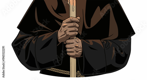 Person in dark robe grips wooden staff with melting candle on top
