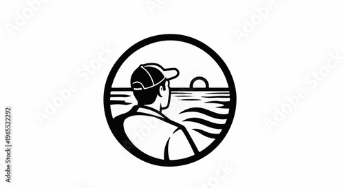 Person in cap gazes at sunset over wavy water within a circle