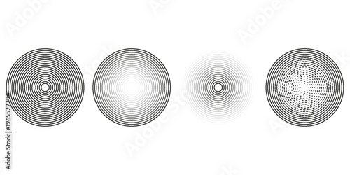 Black concentric circle set. Sonar or sound wave ring collection. Halftone and linear epicentre, target, radar icon concept. Ripple radial signal or vibration elements. Vector line and dotted symbols