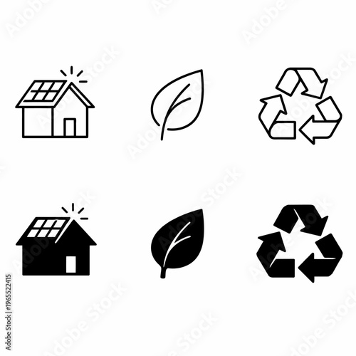 Sustainable icons: solar house, leaf, recycling symbol in black and white
