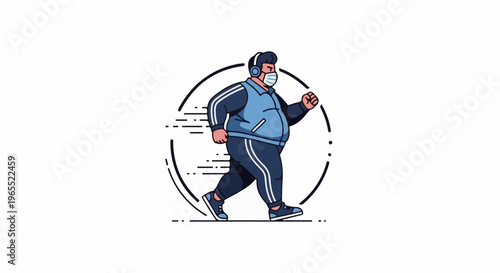 Overweight person with headphones and mask jogs forward in athletic wear