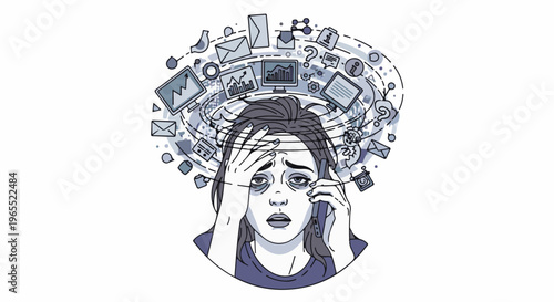 Overwhelmed person on phone, surrounded by scattered digital tasks and data