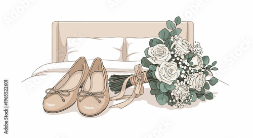 Pair of ballet flats and bridal bouquet on a bed