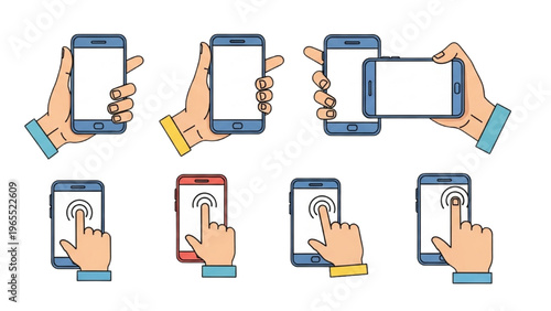 Vector icon sheet of hands holding and interacting with mobile phones