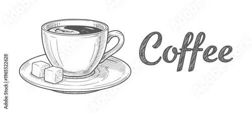 Hand drawn coffee cup with sugar cubes and text saucer