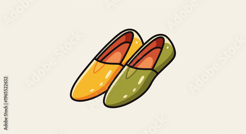 Pair of flat shoes, one orange, one green, on cream background